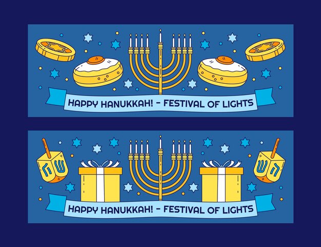 Hand drawn hanukkah horizontal banners set
