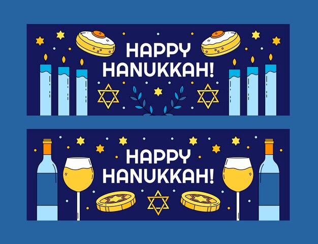 hand drawn hanukkah horizontal banners set