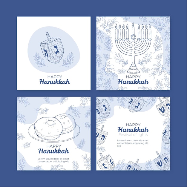 Free vector hand drawn hanukkah instagram posts collection