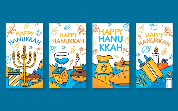 Free vector hand drawn hanukkah instagram stories collection