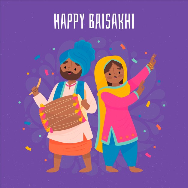 Нарисованная рукой счастливая иллюстрация baisakhi мужчины и женщины