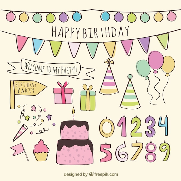 Free vector hand drawn happy birthday elements