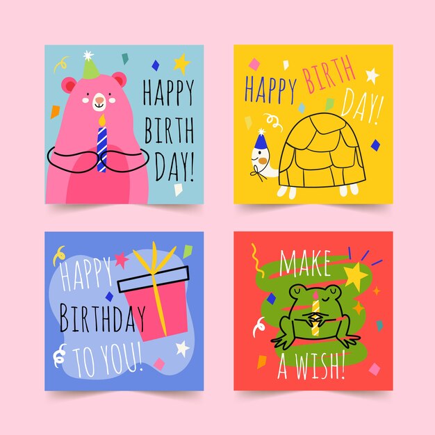 Hand drawn happy birthday greeting cards