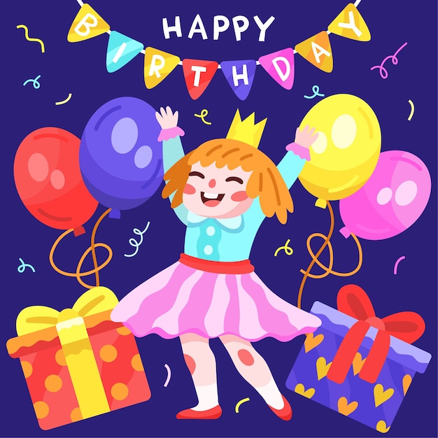 Hand drawn happy birthday illustration with girl and balloons