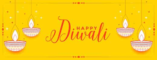 Free vector hand drawn happy diwali yellow decorative banner