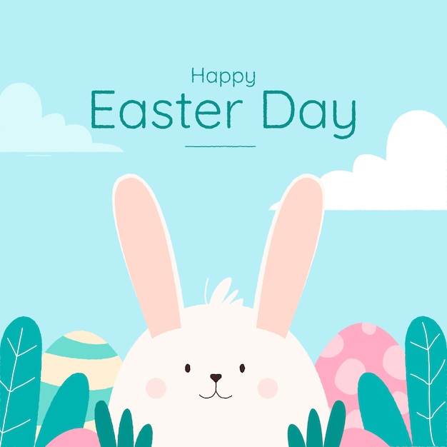 Hand drawn happy easter day lettering with white bunny