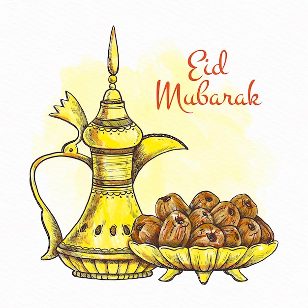 Lanciatore musulmano dorato felice disegnato a mano di eid mubarak