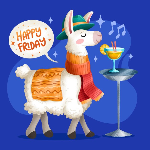 Hand drawn happy friday alpaca illustration