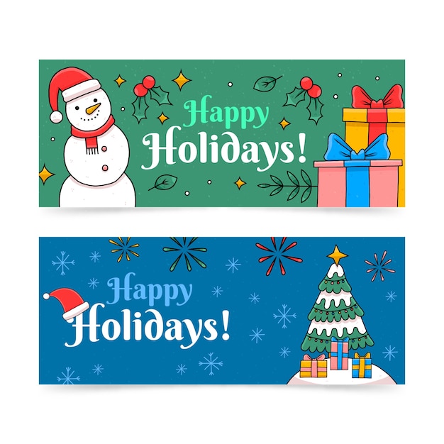 Hand Drawn Happy Holidays Horizontal Banners Set – Free Vector Download