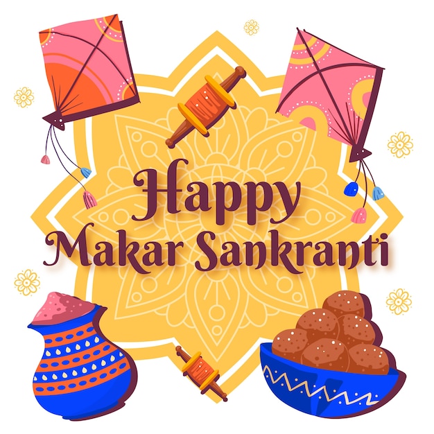 Hand drawn happy makar sankranti illustration