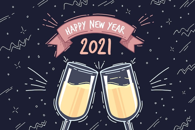 Vettore gratuito felice anno nuovo 2021 bicchieri disegnati a mano con champagne