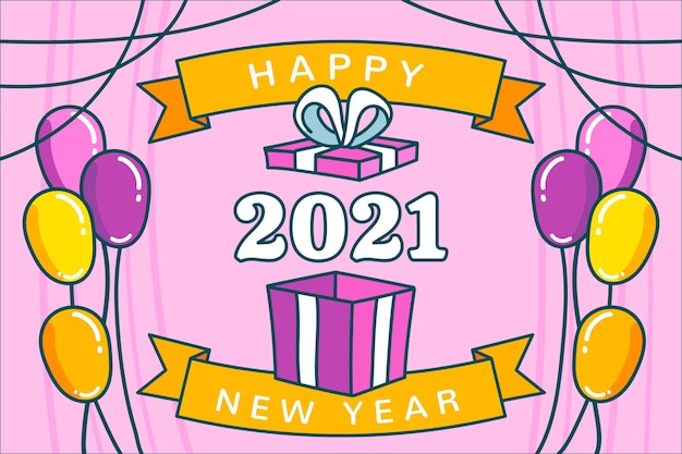 Felice anno nuovo 2021 disegnato a mano con palloncini