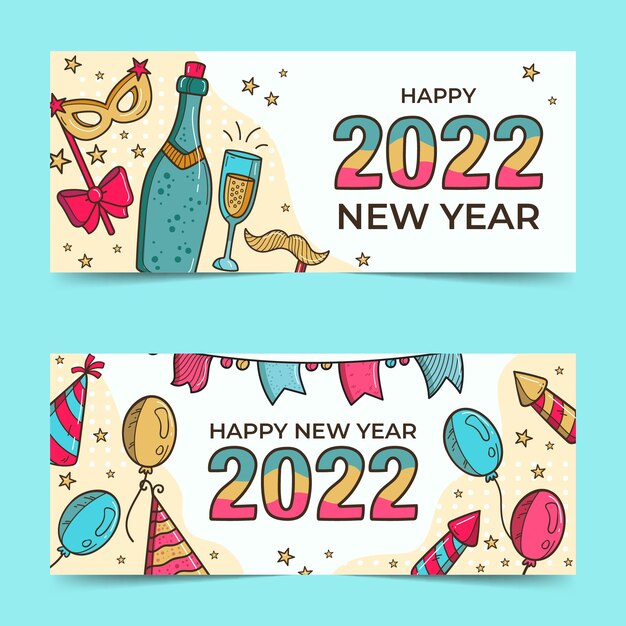 Hand drawn happy new year 2022 banners set