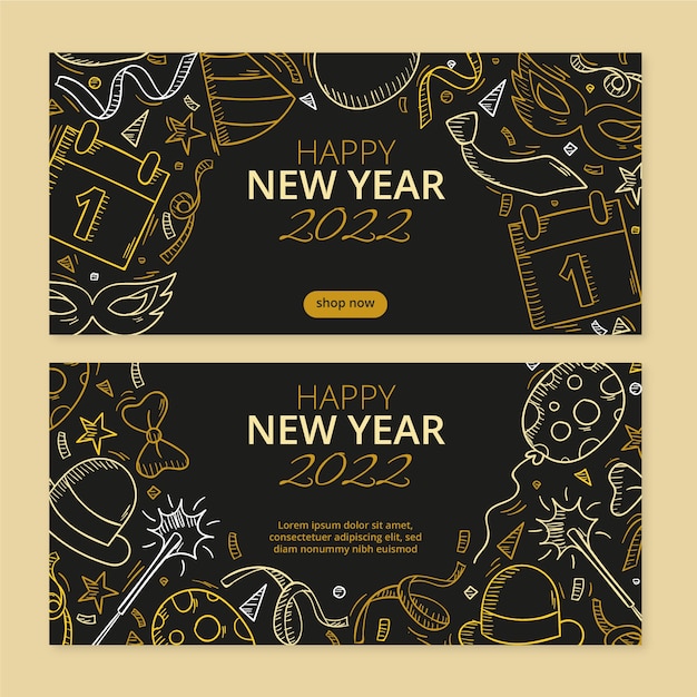 Hand drawn happy new year 2022 banners set