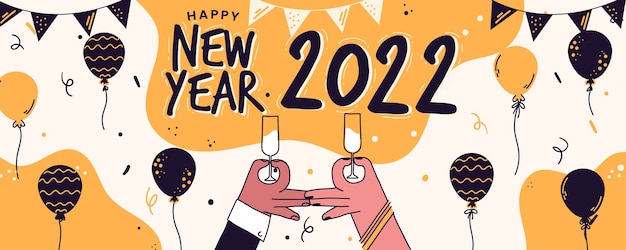 Hand drawn happy new year 2022 horizontal banner