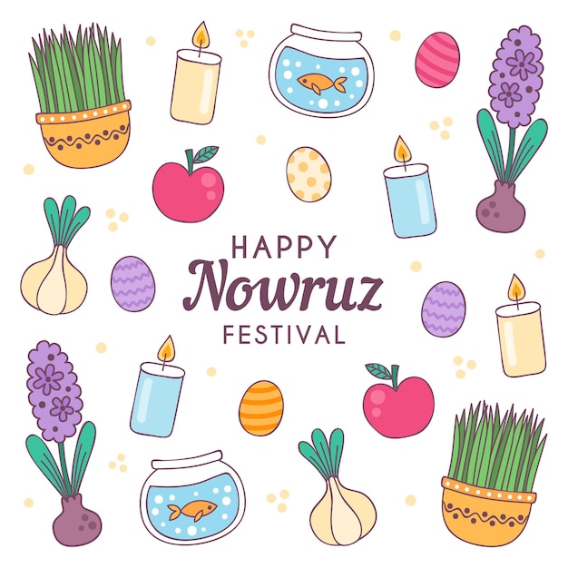Hand-drawn happy nowruz illustration with elements
