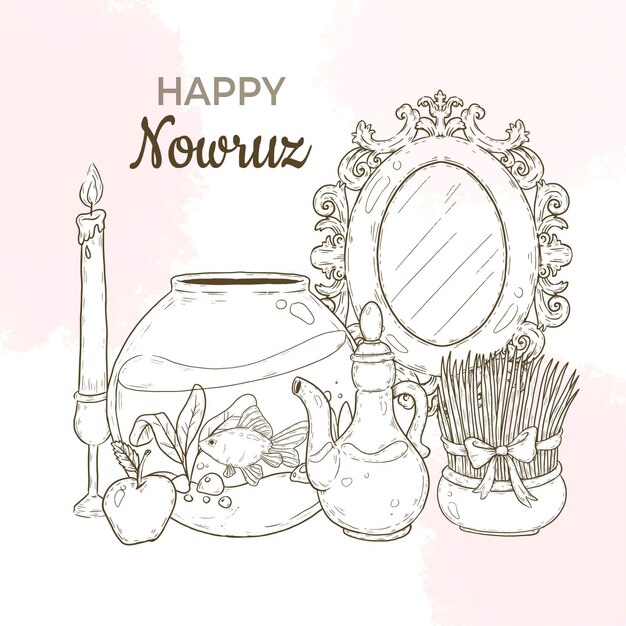 Hand-drawn happy nowruz illustration with mirror and fishbowl