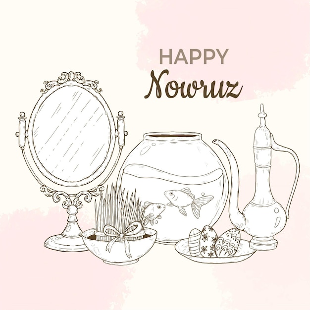 Hand-drawn happy nowruz illustration with mirror and fishbowl