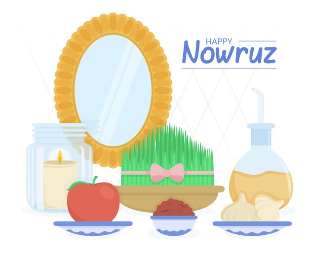 Hand-drawn happy nowruz illustration with mirror and sprouts