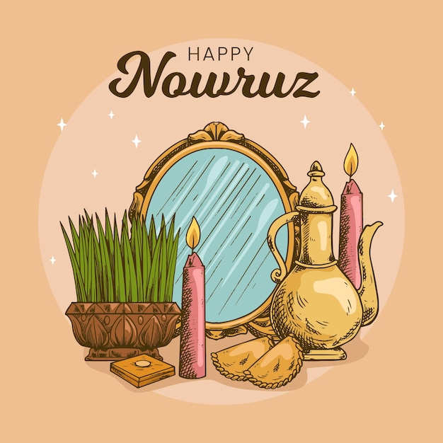 콩나물과 거울 손으로 그린 행복 한 Nowruz 그림