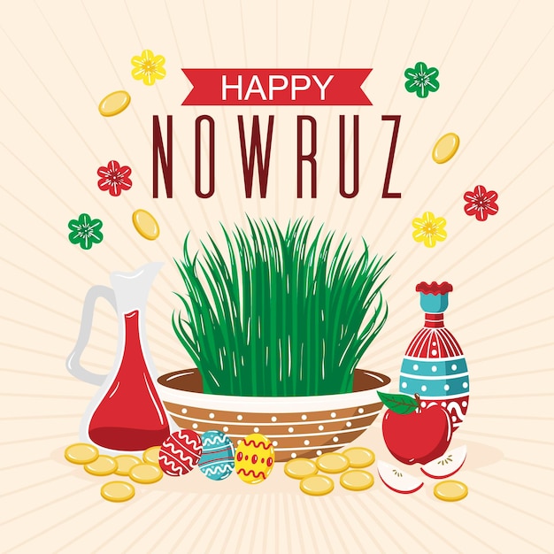 Hand-drawn happy nowruz illustration with sprouts