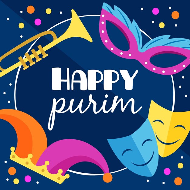 Hand drawn happy purim day illustration with elements