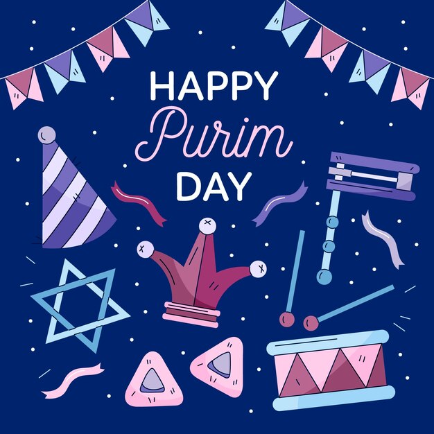 Hand drawn happy purim day illustration