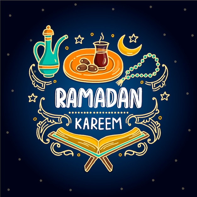 Hand drawn happy ramadan kareem objects