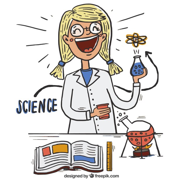 Hand drawn happy scientist in the laboratory