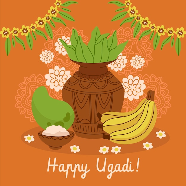 무료 벡터 손으로 그린 행복 ugadi 그림