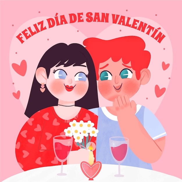 무료 벡터 스페인어로 손으로 그린 해피 발렌타인 데이 그림