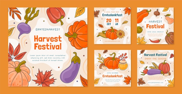 Hand drawn harvest festival instagram posts collection with leaves and vegetables