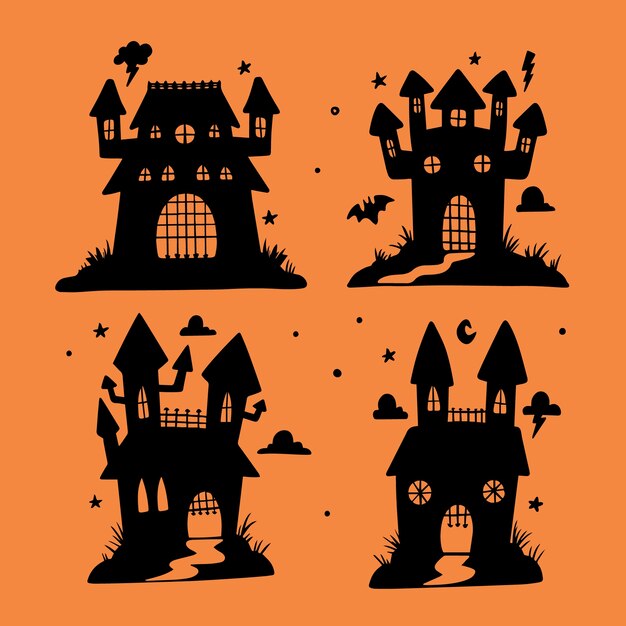 Hand drawn haunted house silhouettes collection for halloween celebration