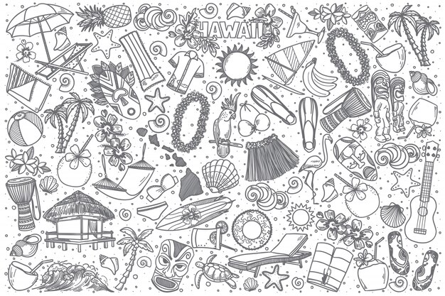 手描きハワイ落書きセット プレミアムベクター