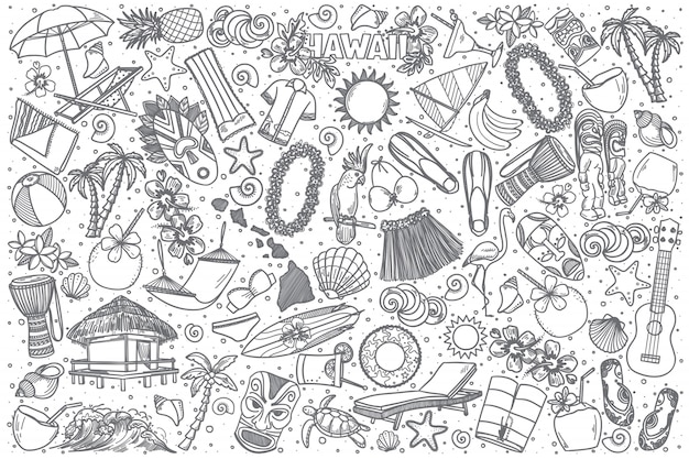 手描きハワイ落書きセット プレミアムベクター 手描きハワイ落書きセット プレミアムベクター