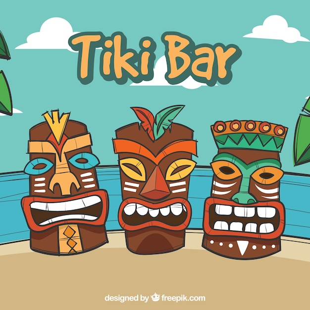 Free vector hand drawn hawaiian masks on the beach