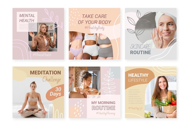 Free vector hand drawn health and fitness instagram posts collection with photo