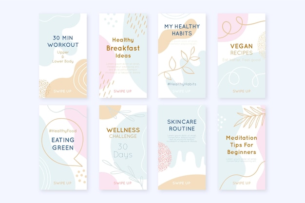 Free vector hand drawn health and fitness instagram stories collection