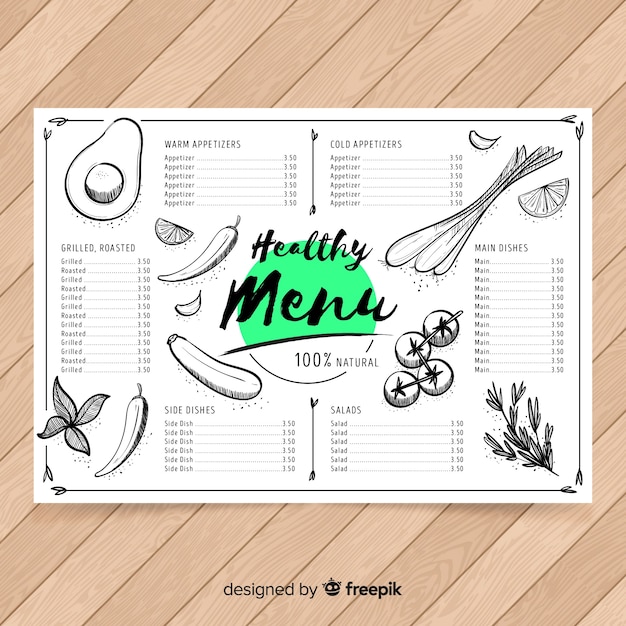 Modello di menu sano disegnato a mano