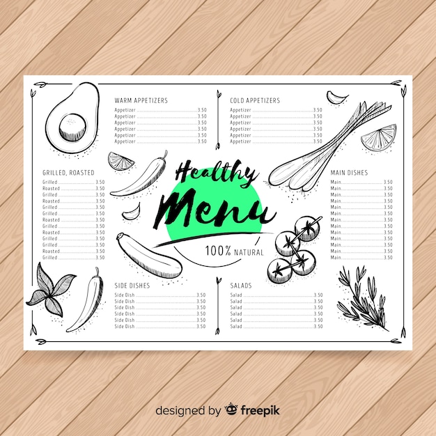 Hand drawn healthy menu template
