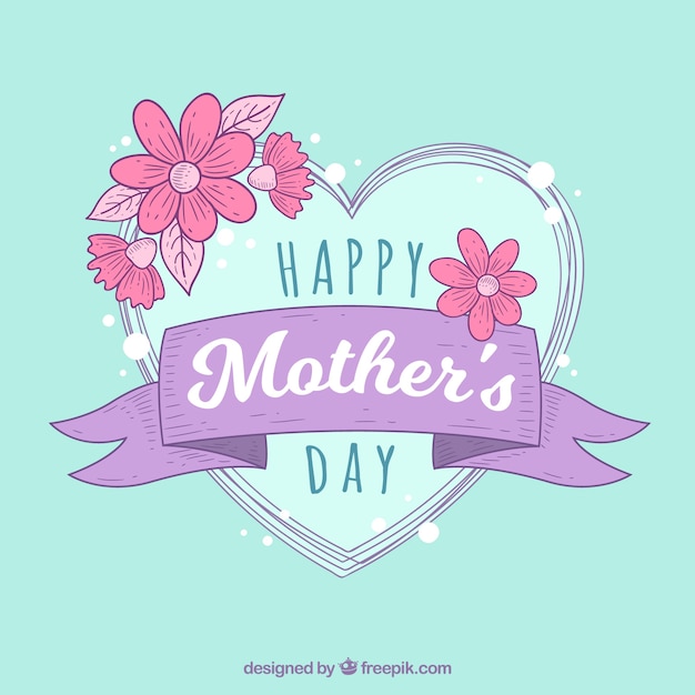 Free vector hand drawn heart background with flowers for mother's day