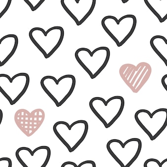 손으로 그린 심장 seapless 패턴 귀여운 사랑 로맨틱 반복 인쇄 검정과 분홍색 하트 장식
