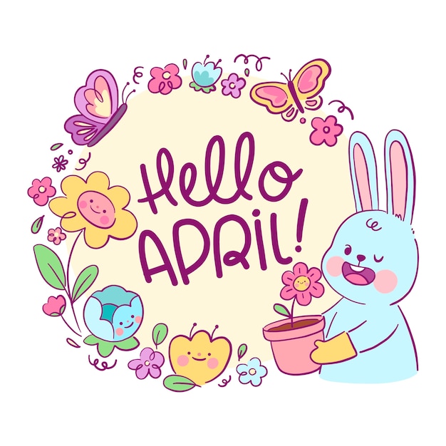Hand drawn hello april banner and background