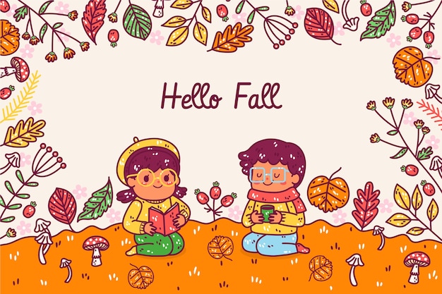 秋のお祝いのための手描きのこんにちは秋の背景