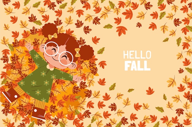 Hand drawn hello fall background with leaves