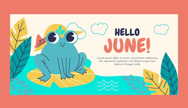 Hand drawn hello june horizontal banner template