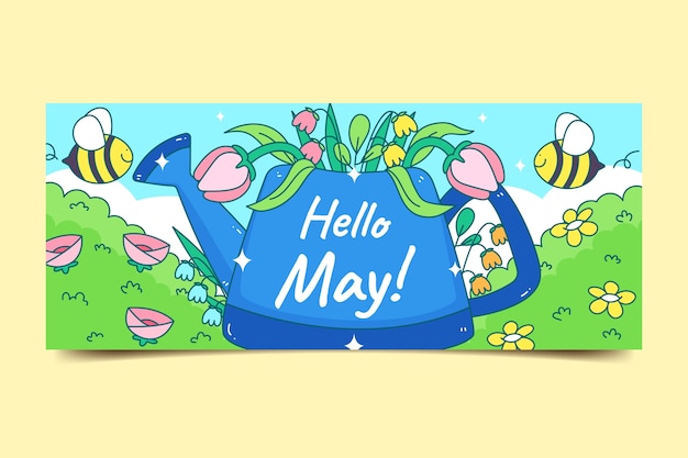 Hand drawn hello may banner and background