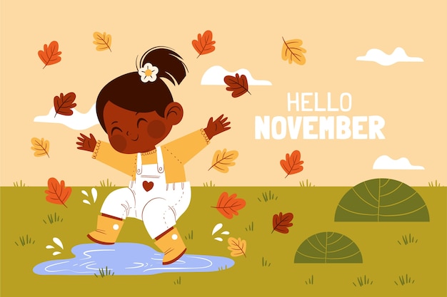 Ciao sfondo di novembre disegnato a mano per la celebrazione dell'autunno