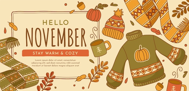 Vettore gratuito modello di banner di ciao novembre disegnato a mano per la celebrazione dell'autunno