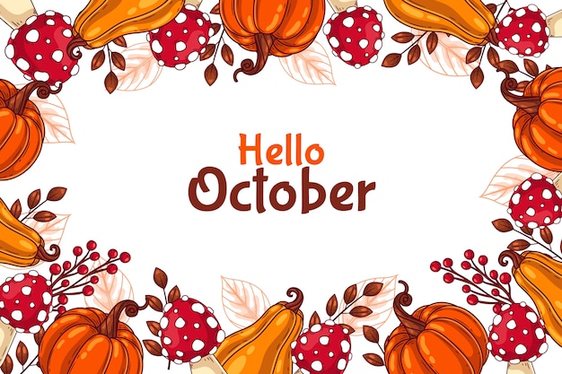 秋のお祝いのための手描きのこんにちは10月の背景